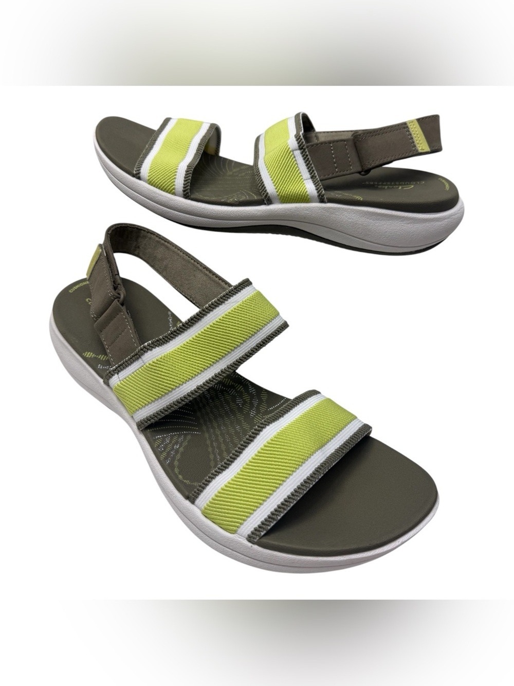 Clarks Cloudsteppers Olive and Neon Green Elastic Strap Slingback Sandals sz11